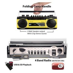 Riptunes Retro AM/FM/SW Radio + Cassette Boombox with Bluetooth and USB/SD card